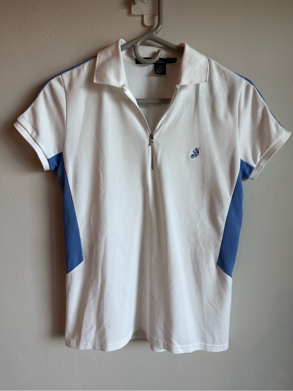 RLX Ralph Lauren White and Blue Short‑Sleeve Zip Polo